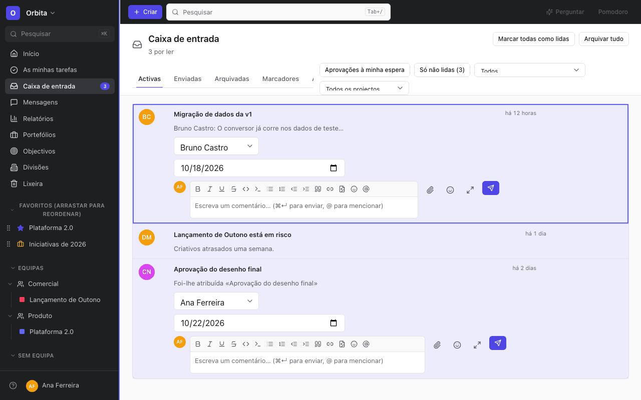 Inbox with task notifications, where you can comment and change the owner and date.