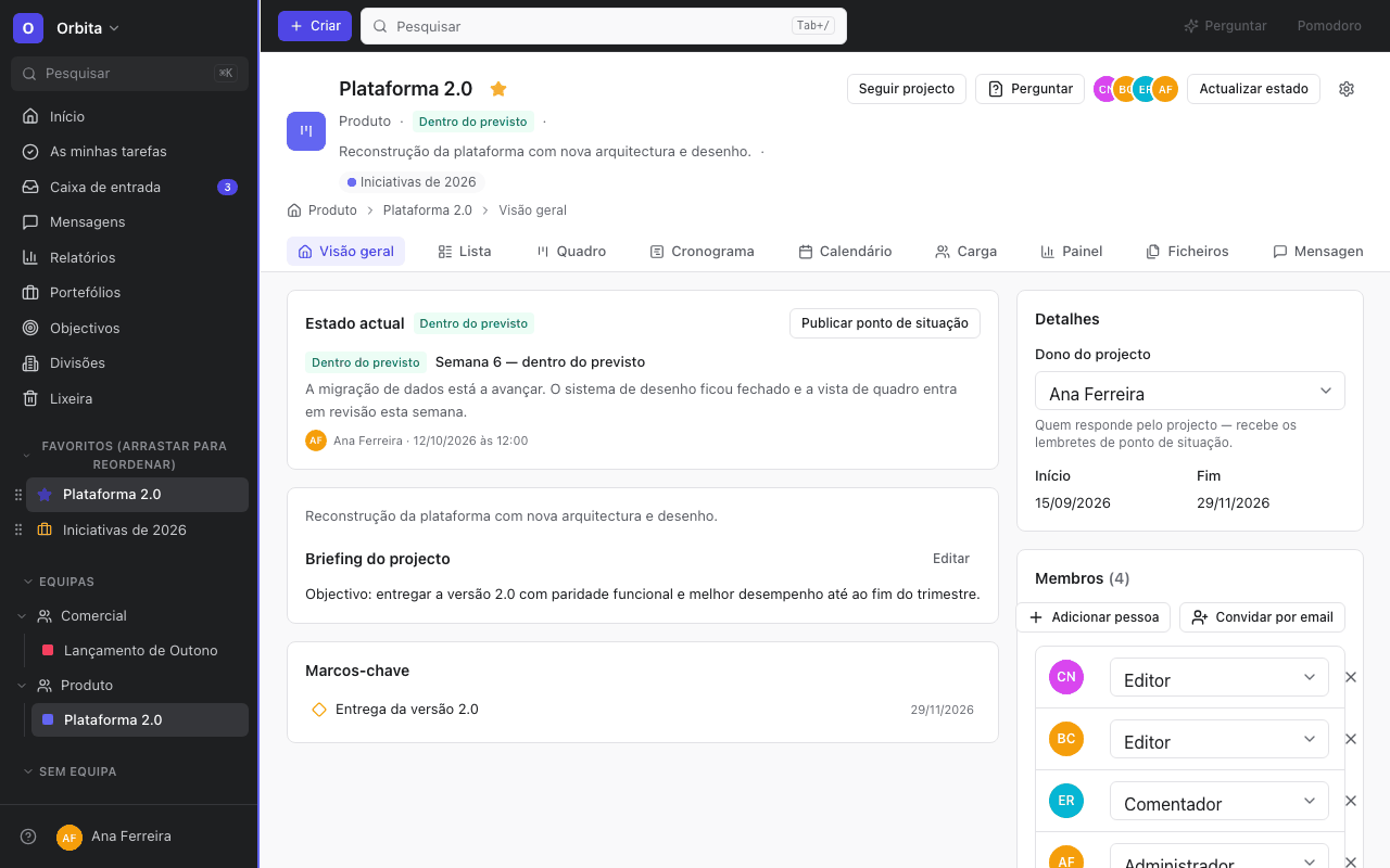 Project overview with current status, the latest status update, milestones and the project owner.