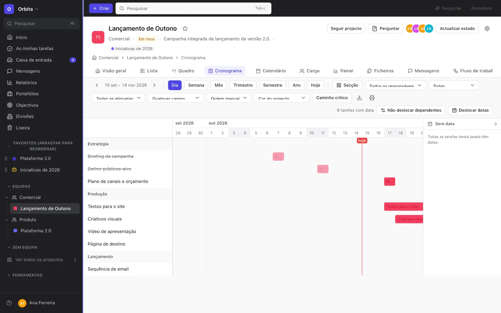A project timeline with task bars across the weeks and dependency arrows.