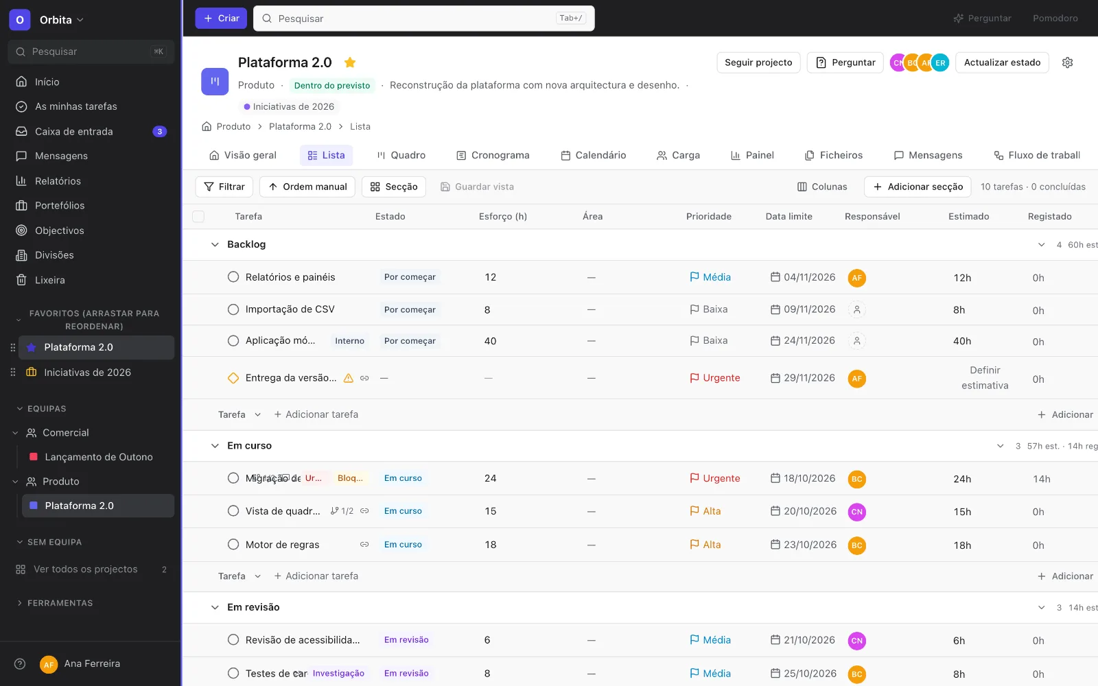 Vista de lista de um projecto, com tarefas agrupadas por secção, responsáveis e datas.