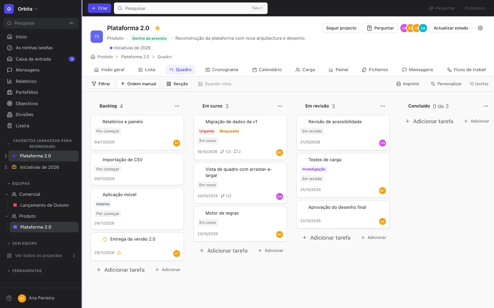 O Orbita aberto num projecto, em vista de quadro: colunas Backlog, Em curso, Em revisão e Concluído com cartões de tarefa.